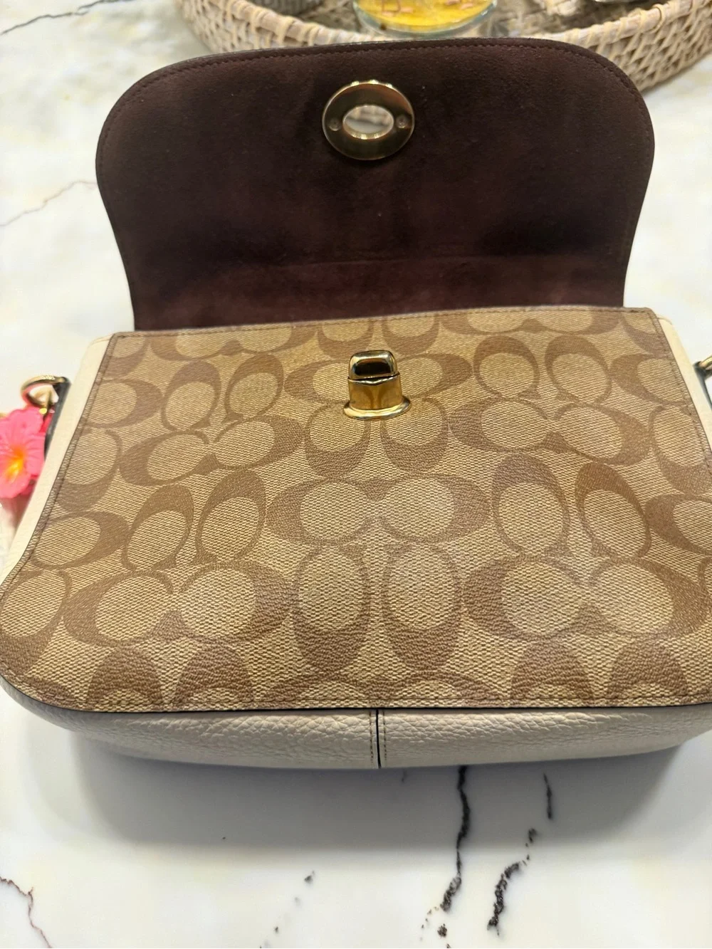 Coach Brown Signature Canvas Satchel with Black Flap and Gold Hardware